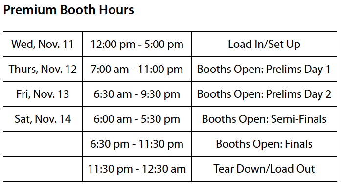 Premium Booth Hours; Wednesday November 11, 12:00 pm - 5:00 pm, Load In/Set Up; Thursday November 12, 7:00 am - 11:00 pm, Booths Open for Prelims Day 1; Friday November 13, 6:30 am - 9:30 pm, Booths Open for Prelims Day 2; Saturday November 14, 6:00 am - 5:30 pm, Booths Open for Semi-Finals; 6:30 pm - 11:30 pm, Booths Open for Finals; 11:30 pm - 12:30 am, Tear Down/Load Out
